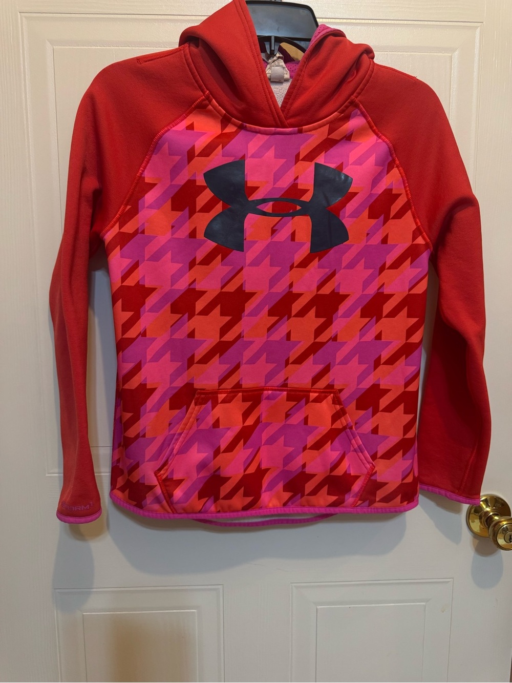 Under Armour Youth Sz L Red & Pink Houndstooth Girls' Hoodie VGUC 😊😊